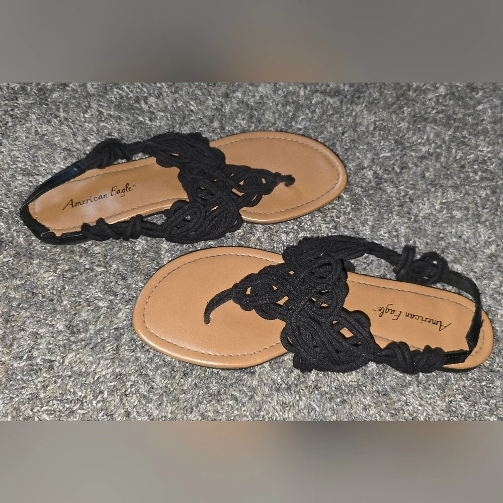 American Eagle Womens Black Woven Braided Sling Back Thong Flats Sandals Size 7 - Picture 3 of 6